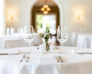Fototapeta premium Intimate dining room with arched entry, classic decor, soft lighting, modern classic dining