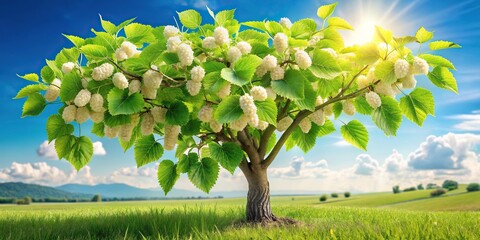 Fototapeta premium White mulberry tree with lush green leaves and branches in panoramic view