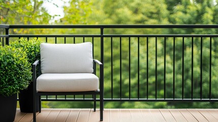 Obraz premium Balcony with classic railing, comfortable outdoor seating, garden views, modern classic outdoor space