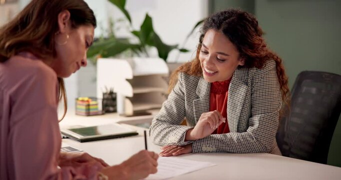 Contract, woman and advisor in office for signature, deal or legal document for membership application. Advice, client and insurance agent with paperwork for registration, sign up or policy agreement
