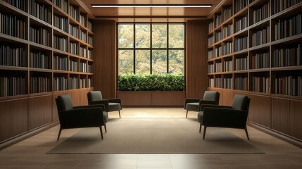 Library with walltowall shelves, vintage armchairs, woodpaneled ceiling, modern classic wisdom