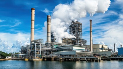 Obraz premium Industrial factory with tall smokestacks releasing thick smoke into the atmosphere, dark clouds forming above, symbolizing environmental pollution and air quality concerns.