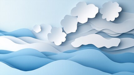 A serene abstract landscape featuring layered waves and fluffy clouds in soft blue and white tones.