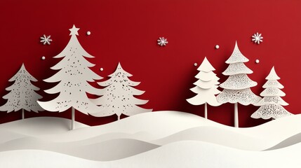 A festive winter scene with white paper trees and snow against a red background.