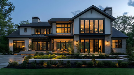 Modern Farmhouse Exterior with Large Windows and Stone Walls - Realistic Image