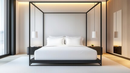 Spacious bedroom with a large canopy bed, layered linens, calm color palette, modern classic tranquility