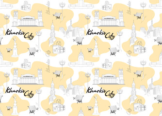 Kharkiv city. Urban landscape in lines in light beige tones. Seamless pattern, background, print for paper and wallpaper. Vector illustration