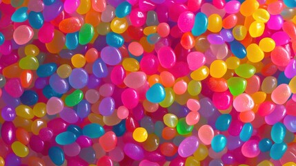 Naklejka premium A seamless spread of neon-colored jelly beans, tightly arranged to fill the entire frame with their bright, sugary textures and playful energy.