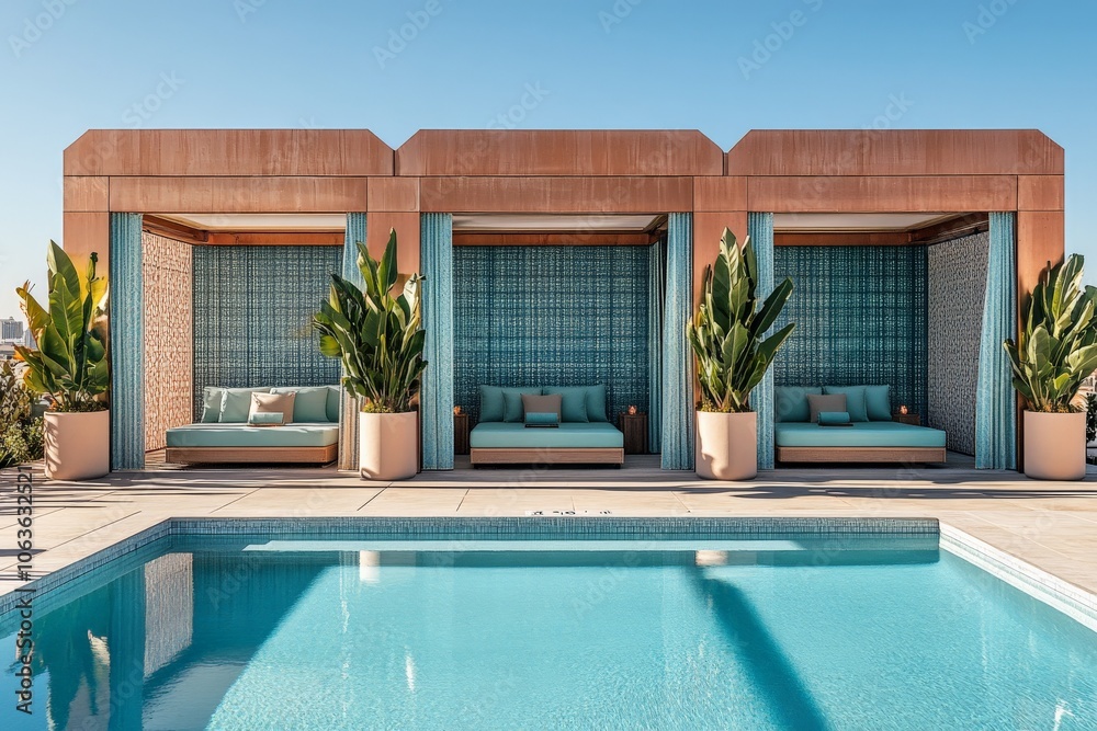 Poster A sophisticated pool area featuring elegant cabanas with a modern design, adorned by lush greenery and offering a perfect blend of relaxation and style in a serene environment.