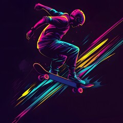 Dynamic Neon Skateboarder in Mid-Jump, Abstract Motion Art with Vibrant Colors