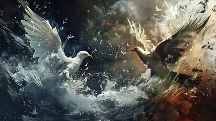 Obraz premium Ethereal Angelic Warrior Battling Elemental Supernatural Forces in Dramatic Stormy Atmosphere
