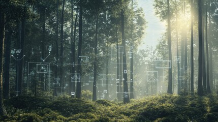 Forest landscape combined with transparent tech icons, showcasing innovations in achieving net zero carbon goals. 