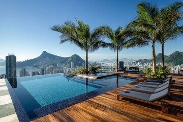 Obraz premium An infinity pool surrounded by palm trees with a breathtaking view of coastal mountains and a sprawling cityscape under a clear blue sky, perfect for relaxation and luxury.