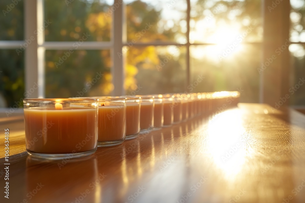 Poster An inviting array of candles in jars lines a wooden table, illuminated by the warm, golden light of a setting sun streaming through a large window, evoking calm.