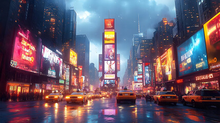 Fototapeta premium Rainy Night Cityscape Illustration