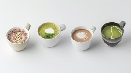 Cups with different coffees on a white background

