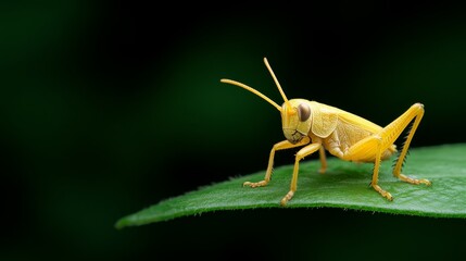 Naklejka premium Close-up of a yellow treehopper with unique body patterns on a green leaf, lush tropical forest setting, sharp textures, vibrant backdrop, Photorealistic