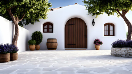 Charming white building with wooden door, potted plants, and stone accents in a tranquil outdoor setting.