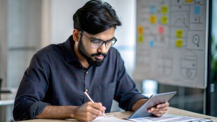 An Indian UX designer working on a prototype, sketching ideas on a tablet with various design tools around.
