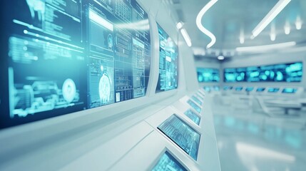 digital screens displaying data and information in an office environment, white background, futuristic technology concept, high-tech style, sharp focus on the screen display with blurred background