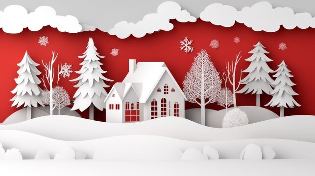 A whimsical winter scene featuring a paper-cut style house surrounded by snowy trees and a red background.