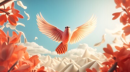 Obraz premium Majestic Pink Bird Soaring Among Clouds and Peaks in Surreal Autumn Scene