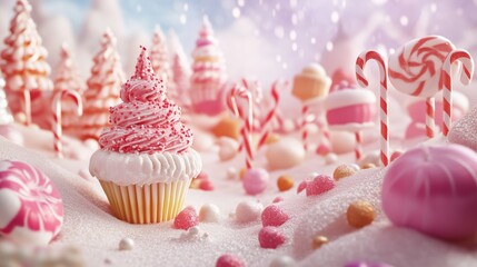 Candy land with pink and white cupcakes, surrounded by lollipops and chocolate-covered Christmas trees. The scene is set in an enchanted snowy setting, creating a magical atmosphere