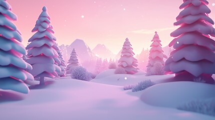 winter landscape in pastel colors, featuring a low-poly style with simple shapes, snow, and pine trees. The scene has a soft, cute lighting effect, created using Unreal Engine and Blender