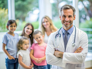 Fototapeta premium Smiling doctor posing with a diverse group of patients and their family in a clinic.