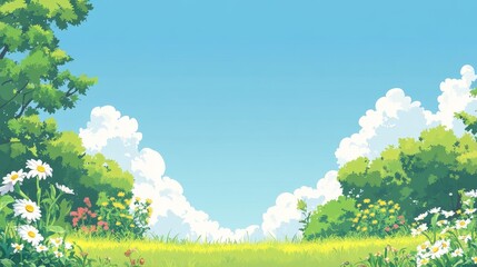 Fototapeta premium A serene landscape with vibrant flowers, green grass, and a clear blue sky. Perfect for relaxation.