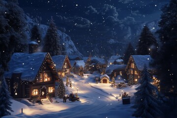 A snowy village at Christmas time, with snow-covered cottages and twinkling lights, people gathering around a fire, a sense of joy and warmth, creating an enchanting atmosphere