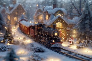 A toy train with Santa Claus and his elves is driving through the snow-covered village, surrounded by twinkling lights and decorations. The scene captures the magical atmosphere of Christmas time 