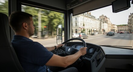 City bus driver navigating urban streets with focus and precision
