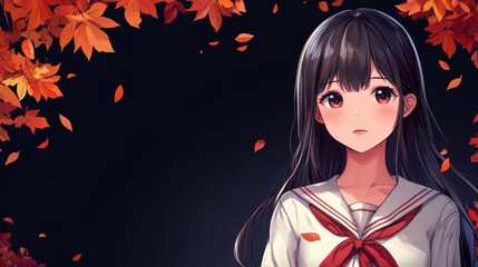 A serene illustration of a girl in a school uniform surrounded by autumn leaves.