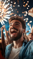 Fototapeta premium Celebrate new year with friends cheering under fireworks