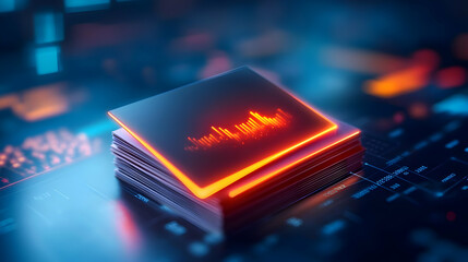 Futuristic microchip with glowing elements, showcasing advanced technology design.