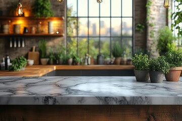 Obraz premium marble countertop in a modern kitchen with a blurred background suggesting warmth and homeliness the smooth surface invites creativity ideal for product display or design montages