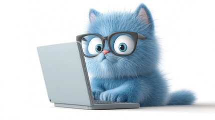 fluffy blue cat wearing glasses is focused on laptop, showcasing curiosity and intelligence. This adorable scene captures playful moment of cat engaging with technology