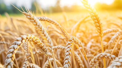 Naklejka premium A close-up view of golden wheat stalks illuminated by sunlight, showcasing agricultural beauty.