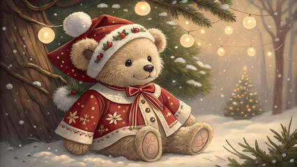 Cute teddy bear in a red Christmas outfit sitting by a snow-covered tree, festive atmosphere, soft lighting
