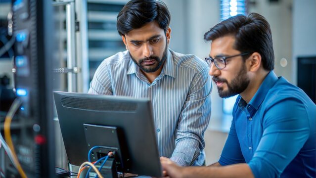 An Indian IT support technician fixing technical issues on a user’s computer, displaying a helpful and problem-solving attitude.
