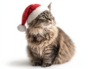 Cute Cat Wearing a Santa Hat Isolated on White Background