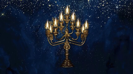 Fototapeta premium Luxurious Hanukkah Card Design with Gold Foil Menorah and Sparkling Stars on Velvet Background