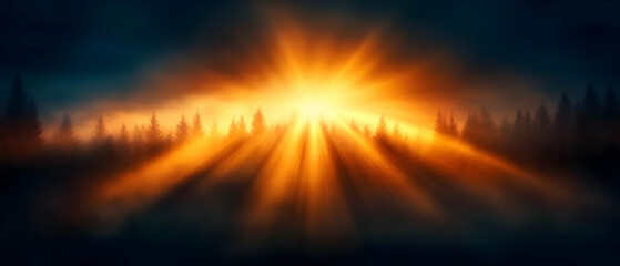 Majestic sunrise over a forest, illuminating the sky with golden light and creating a tranquil atmosphere.