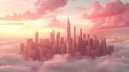 Fototapeta premium Cityscape Above Clouds with Pink Sunset Illustration