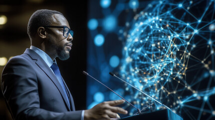 man in suit presenting at tech conference, showcasing digital networks and technology. His focused expression conveys confidence and expertise