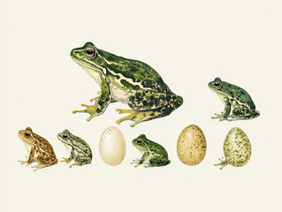 life cycle of frog is beautifully illustrated, showcasing transformation from egg to adult. This educational depiction highlights stages of development, emphasizing nature wonders