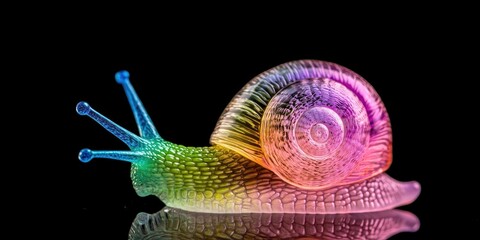 Colorful glass snail, rainbow colors, black background.