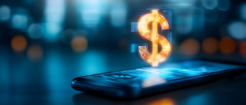 Mobile phone displaying a glowing dollar symbol, representing digital finance and online transactions.