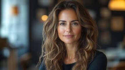 Fototapeta premium mature latin businesswoman confidently analyzing data on her laptop surrounded by sleek office decor engaging the viewer with a direct gaze embodying leadership and empowerment